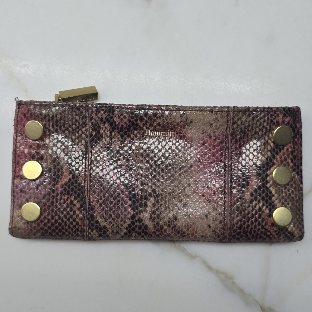 Hammitt Pink/Brown Snake-Embossed Clutch